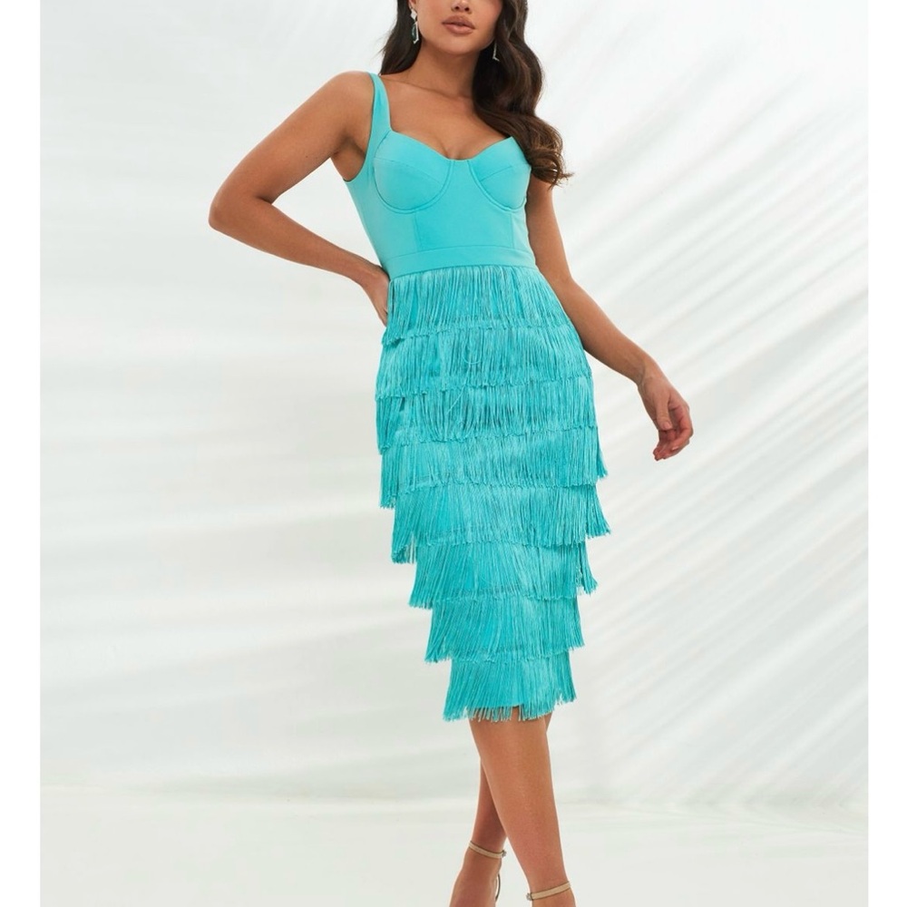 Lavish Alice Teal Fringe bodice Midi Dress Sweetheart Neckline